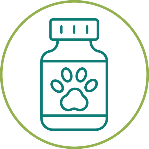 teal pill bottle with paw print icon in green circle