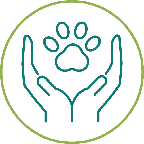 drawing of hands holding a paw in a light green circle